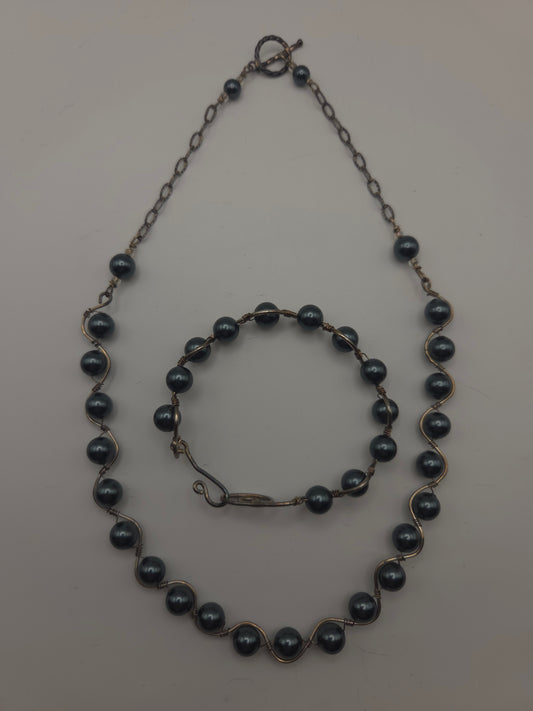 *925* Sterling & Black Pearl Matching Necklace & Bracelet Set