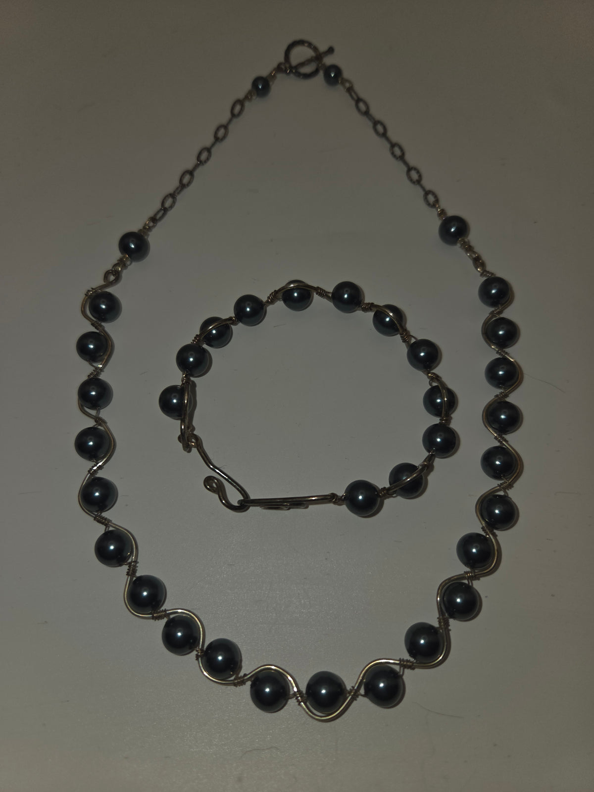 *925* Sterling & Black Pearl Matching Necklace & Bracelet Set